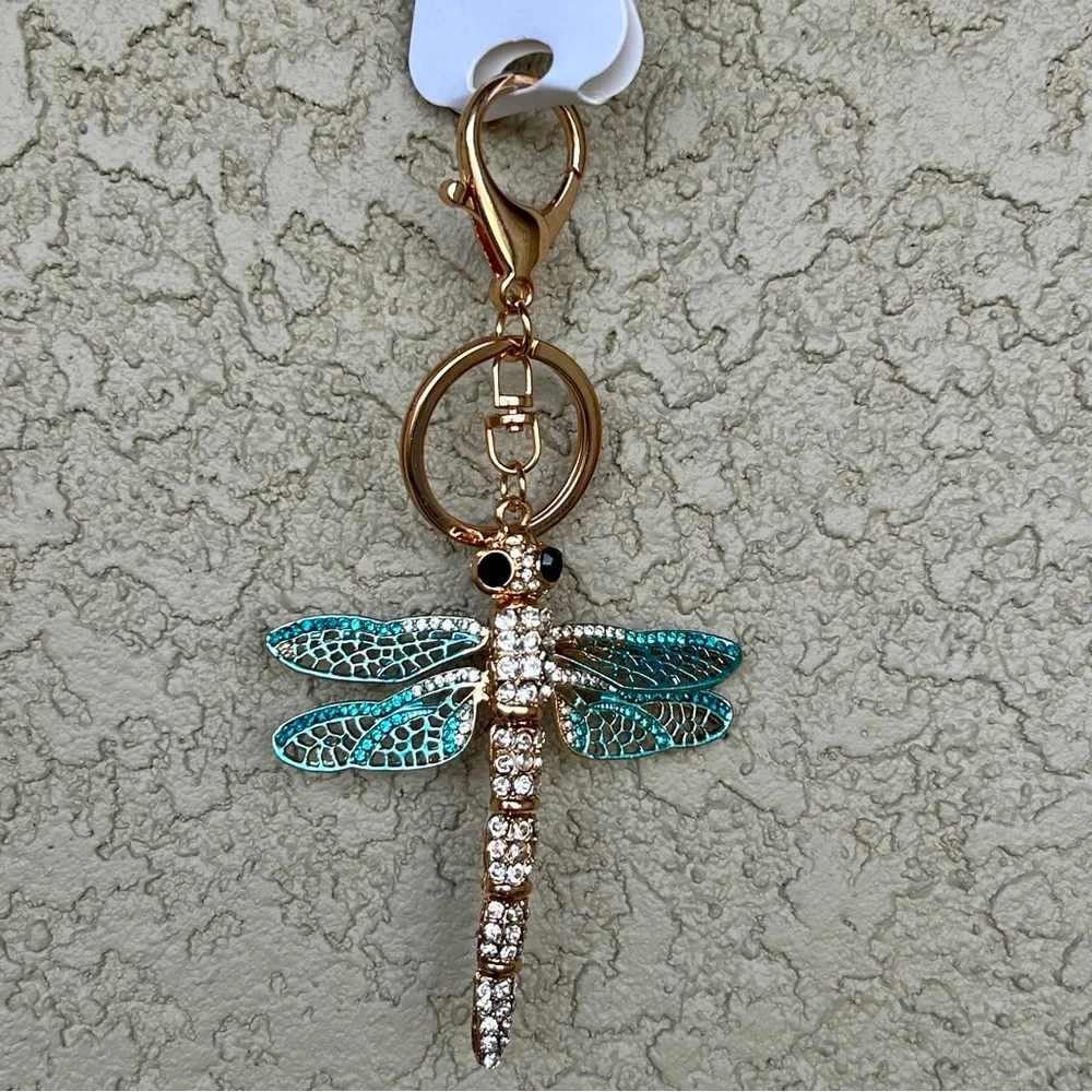 Sparkling Teal & Gold Dragonfly Keychain/Bag Charm